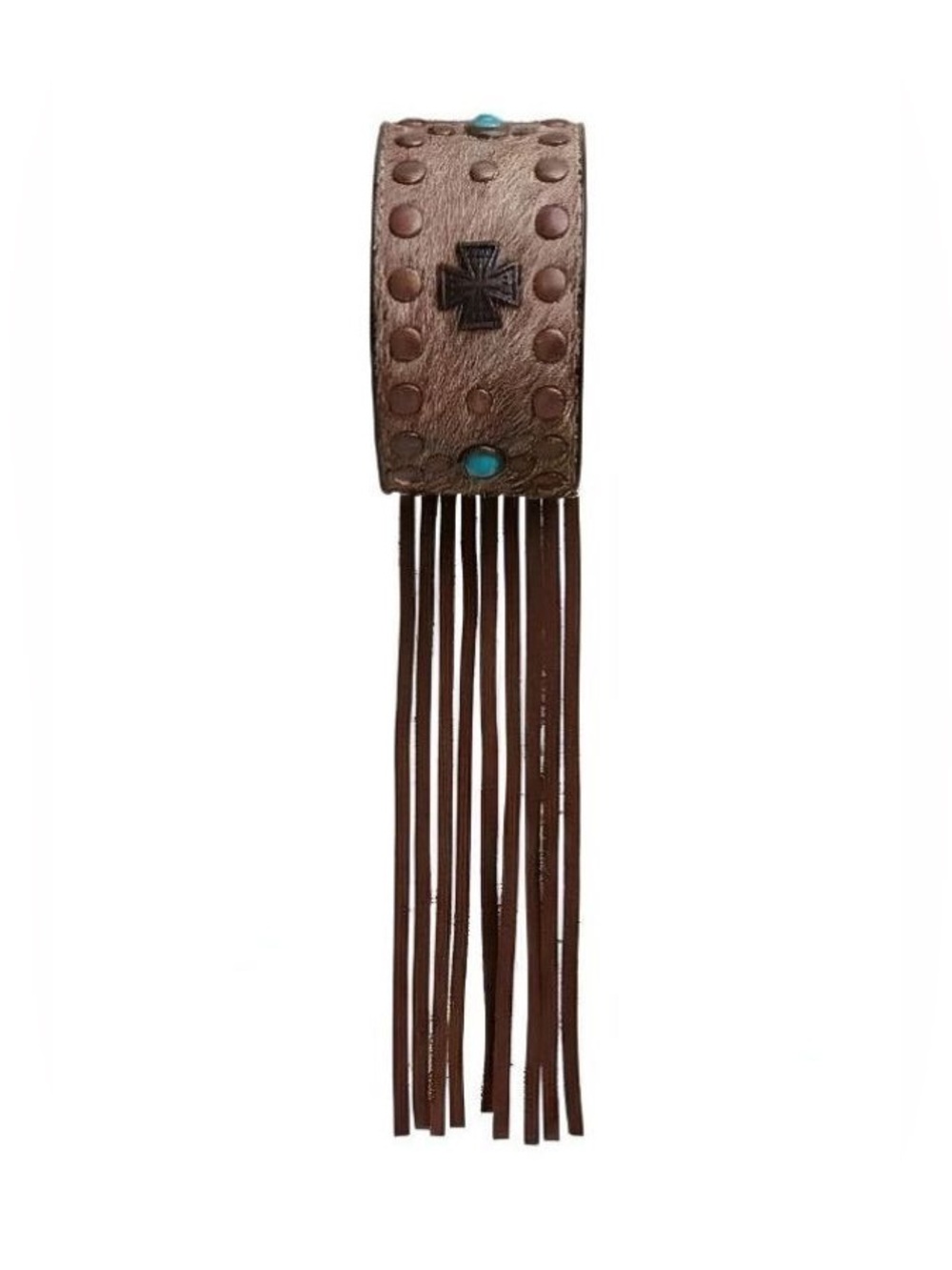 Fringed Leather Cuff Watch Strap with Turquoise Accents - Brown